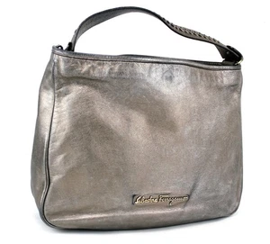Salvatore Ferragamo Metallic Grau Leder One Schultertasche Hobo Handtasche Italy - Bild 1 von 23