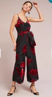 If By Sea Anthropologie Mujer Pequeño Negro Floral Burnout Espagueti Mono Q Foto 1 de 4