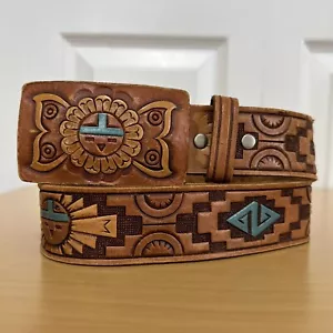 Vintage JC Penny verzierter Ledergürtel handbemalt türkis Details Azteken Western 36 - Bild 1 von 10