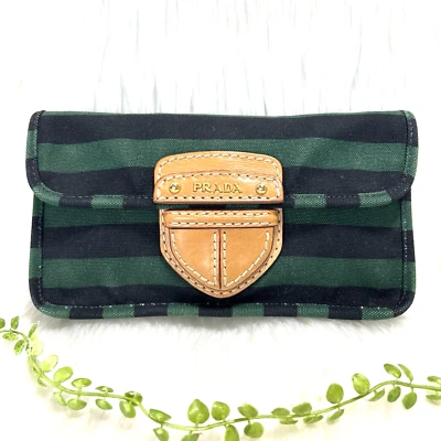 PRADA Clutch Bag Green / Black Stripe Denim Canvas Purse - Image 1 of 4