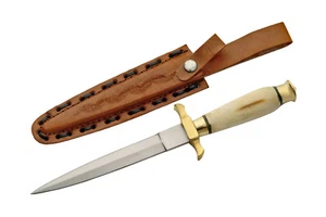 NEW Medieval Dagger Bone Brass Handle Stainless Blade Knife Leather Sheath 10.5" - Picture 1 of 3