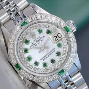 Rolex Datejust Watch Ladies White MOP Diamond Emerald Dial & Bezel Jubilee 26mm - Picture 1 of 22