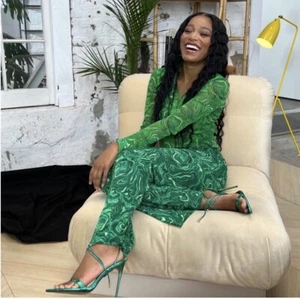 M 8 10 DVF Diane von Furstenberg BROOKLYN Green Billiard Marble Mod Dress Pants - Picture 1 of 15
