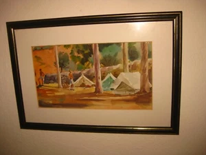 ANTIKES PORTUGAL PORTUGIESISCHES SIGNIERTES AQUARELL PFADFINDERLAGER GEMÄLDE 1949 - Bild 1 von 5