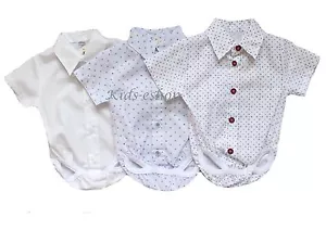 Baby Boy White Blue Smart Shirt Style Romper Body Shirt Short Sleeve 0-18M - Picture 1 of 11