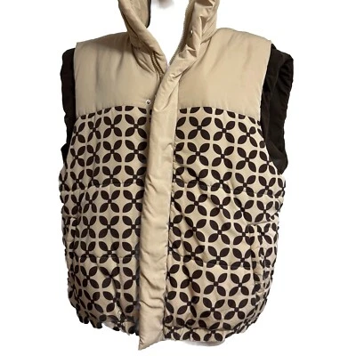 NUEVO Chaleco acolchado Sisters Seekers S marrón beige estampado floral de hojas cremallera a presión para mujer Foto 1 de 4