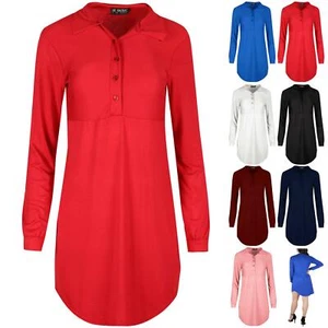 Ladies Womens Front Loose Fit Short Length Shirt Dress Plain Blouse Party Top - Picture 1 of 14