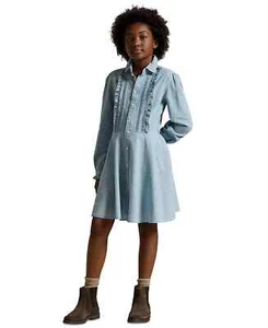 Polo Ralph Lauren Big Girls Ruffled Cotton Chambray Dress MEDIUM WASH Size 8 - Picture 1 of 2