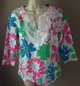 Talbots PETITES Lace Bib TUNIC TOP PS Anguilla Floral SHIRT Small - Picture 1 of 2