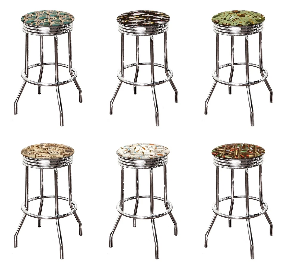 TABURETE DE BAR CROMADO ESTILO RETRO CON ASIENTO GIRATORIO EXTERIOR TEMA TELA ASIENTO SALA DE JUEGOS Foto 1 de 1