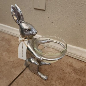RARE NEW Pottery Barn Farmer Silver Bunny Glass Snack Bowl EASTER - Picture 1 of 7