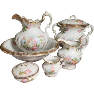 Antico set lavabo e brocca Homer Laughlin 6 pezzi rose vittoriane e bordo oro - Foto 1 di 5