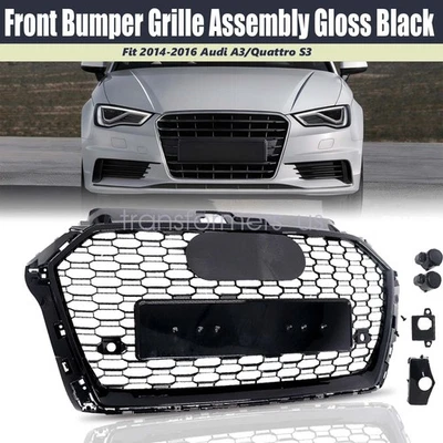 RS3 Style Front Bumper Grille Assembly Gloss Black For 2014-2016 Audi A3 S3 8V - Image 1 of 4