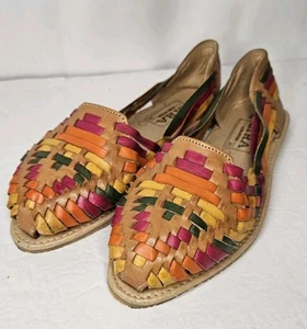 Mexican Leather Huarache Sandal Size US 9 Multicolor Slip On Flats Boho Cottage - Picture 1 of 11