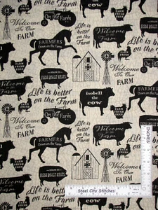 On The Farm Barn Animal Silhouettes Words Cotton Fabric 3 Wishes By The Yard - Picture 1 of 1