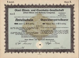 SOUTH WEST AFRICA Otavi Mines & Railway Company 1sh dd 1921 Berlín Alemania - Imagen 1 de 1
