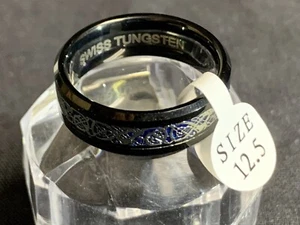 New 8mm Swiss Tungsten Carbide Black Blue Celtic Dragon Men's Ring Size 12.5 - Picture 1 of 4