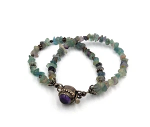 Sterling Silver Fluorite Chip Bracelet 925 Big Amethyst Cabochon Clasp 7.5" - Picture 1 of 13
