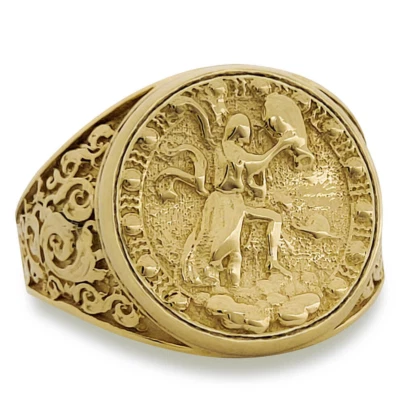 Real 14K Yellow Gold Aquarius Ring, Zodiac Sign Mens Gold Coin Ring Astrology - Image 1 of 4