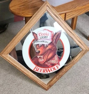 VTG Coors Light Beer Wolf Advertising Wood Framed Mirror 16.5x16.5 1980's - Picture 1 of 9
