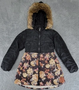 SS & CC Girls XS 160 Winter Hooded Down Jacket Long Flower Printing Bowknot - Picture 1 of 13