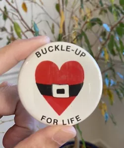 Vintage 80s Buckle Up For Love Seat Belted Heart Button - Picture 1 of 2