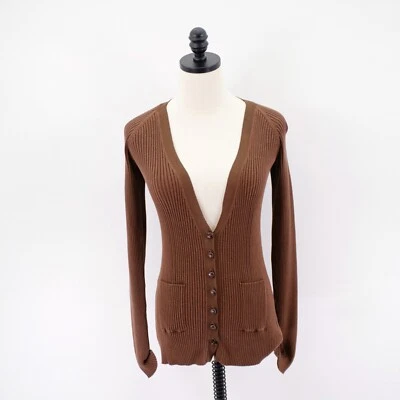 Bebe Brown Plunging V-Neck Leather Button Cardigan Sweater Ribbed Cotton Small - Image 1 of 4