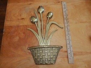 SOLID BRASS TULIP FLORAL WALL PLAQUE HANGING POT PLANT SCULPTURE DECORATION 14" - Picture 1 of 6