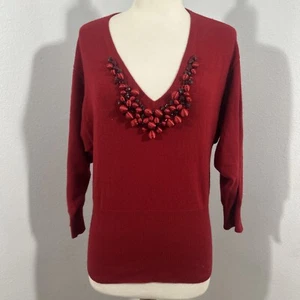 Saks Fifth Avenue Pullover Damen Large rot Kaschmir V-Ausschnitt Perlen Bluse - Bild 1 von 9