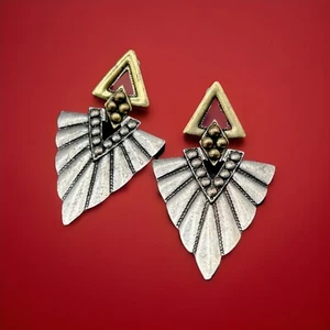 Vintage Tribal Style Earrings Silver & Gold Tones Post Boho Art Nouveau Style - Picture 1 of 8