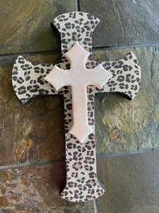 Pink Leopard Decorative Wood Cross Wall Hanging Large 12” - Picture 1 of 2