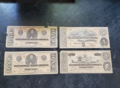 Lot of 4 Confederate States of America Bills $1, $1,$5 & $20 Whitman Series - Image 1 of 4