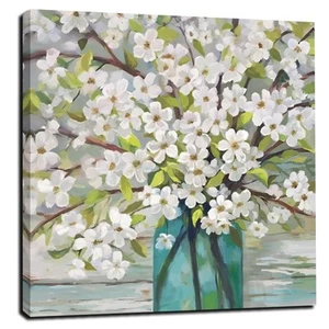Spring White Flowers Wall Art Rustic Wall Decor Canvas Picture Print for Bath... - Picture 1 of 7