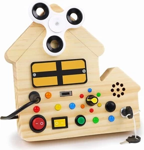 Montessori Toddler Toys Busy Board, Baby Wooden Busy Board with 8 LED Light Swi - Picture 1 of 6