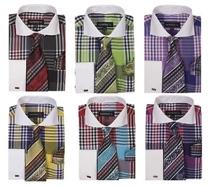 New Men's High Quality Check Design Dress Shirt French Cuff With Tie&Hanky AH626 - Picture 1 of 9