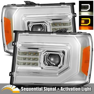 For 2007-2013 GMC Sierra Sequential Signal/DRL Chrome Dual Projector Headlights