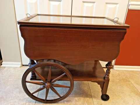 Antique Drop Leaf Tea Cart with Glass Tray Wooden Wagon Wheel Butler's Cart Cover