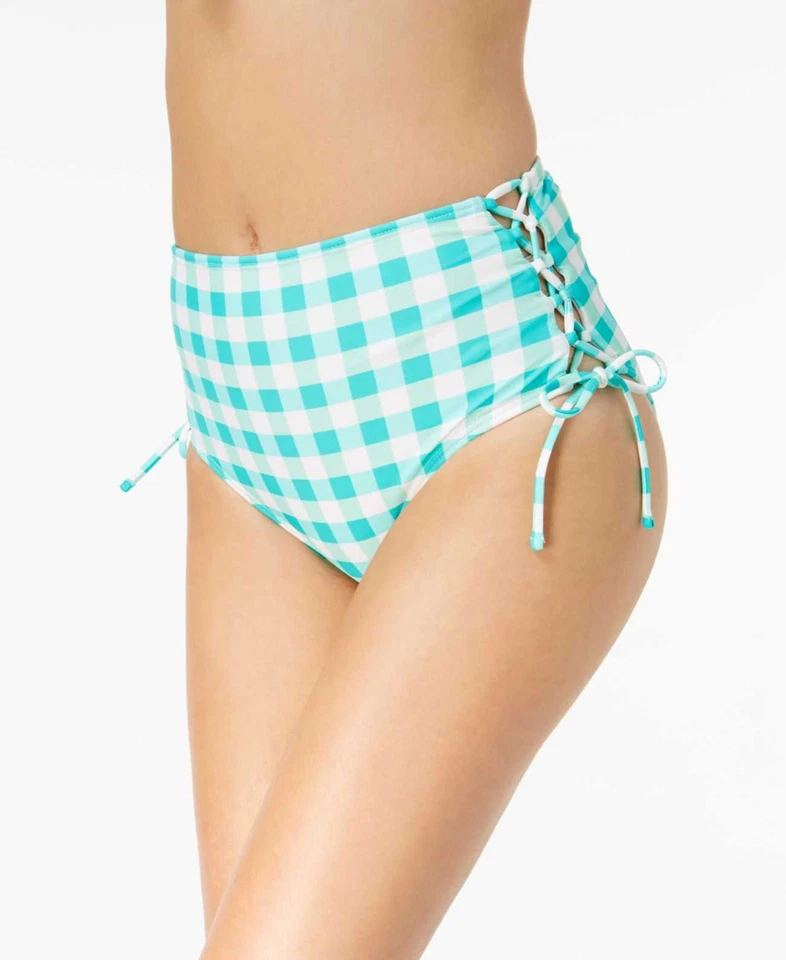 California Waves Check Please High-Waist Lace-Up Bikini Bottom (Light/Pastel ... - Image 1 of 2