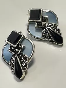 Antico Art Déco Stile Argento Sterling '925' & Mop / Marcasite Orecchini a Lobo - Foto 1 di 16