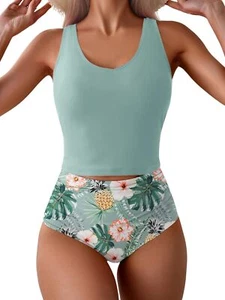 Eomenie Two Piece Tankini Swimsuits for Women Tummy Medium, Green Floral - Picture 1 of 5