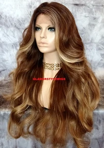FREE PART LACE FRONT FULL WIG EXTRA LONG WAVY OMBRE BROWN BLONDE MIX HEAT OK NWT - Picture 1 of 6