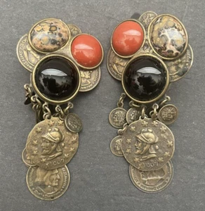 LONG DANGLE SORRELLI VINTAGE Drop Earring CLIP BLACK BROWN ORANGE On BRONZE TONE - Picture 1 of 7