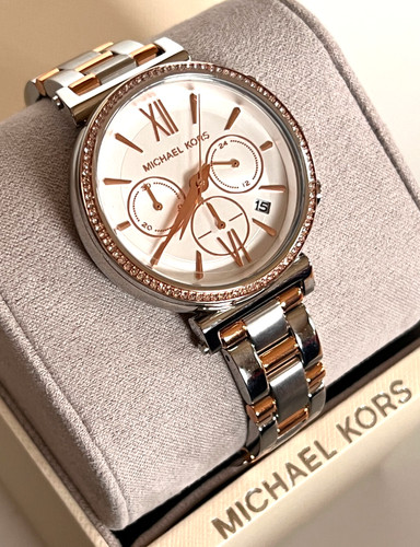 Orologio donna Michael Kors MK6558 Sofie cronografo bicolore 39 mm nuovo con etichette scatola $275