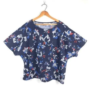 HALOGEN Women's Short Dolman Sleeve Top Navy with Floral Woodcut motif LARGE - Picture 1 of 9