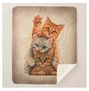 Cat Trio Cute Kittens Stacked Graphic Art Brown Sherpa Fleece Throw Blanket  - Picture 1 of 5