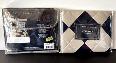 Tommy Hilfiger Argyle Algodón Acolchado Almohada Falsa Beige Azul Marino Diamante Juego de 2 NUEVO Foto 1 de 4