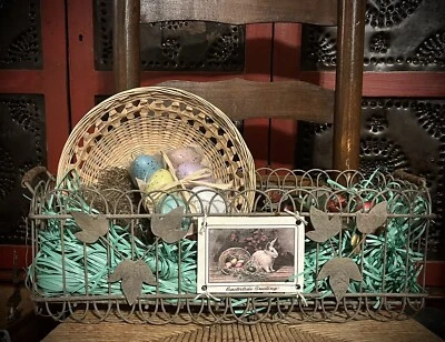 Grubby PriMiTiVe Spring Easter Display w Speckled Eggs Metal Basket Grass GP - Image 1 of 4