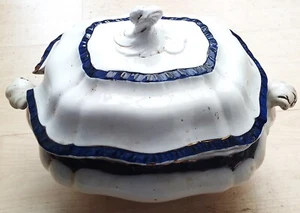 Antique Edwardian, Booths Semi-Porcelain Soup Tureen With Cobalt & Shell Border - Picture 1 of 8