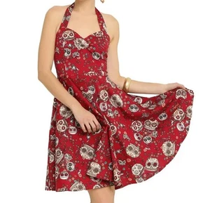 Hell Bunny Vixen Red 50’s Rockabilly Halter Dress, Dios De Los Muertos Size S - Picture 1 of 5