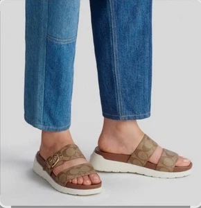 Coach Gwen Sandal Slides Size 9B khaki/saddle C8925 - Picture 1 of 12
